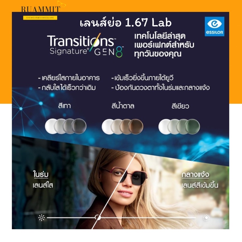 เลนส์ Essilor Transition Gen8/ XTRactive NewGen/ XTRactive Polarized ย่อ1.67 Lab เลนส์ออกแดดเปลี่ยนส