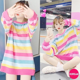 🎀Korean Fashion🎀เสื้อแฟชั่นแขนยาว ทรงใหญ่ ลายทางสีพาสเทล เนื้อผ้าคอตตอน