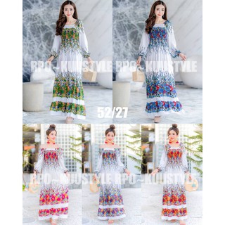 #52/27 Maxi dress bigsize แมกซี่เดรสลายชบากางร่มลายหายากใส่ได้สองแบบ แขนยาวคอปาดใส่ยางดึงสม้อคใส่ได้สองแบบ