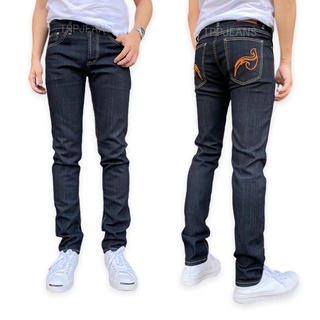 JEANSEXPRESS SLIM-FIT DENIM กางเกงยีนส์สลิมฟิตชาย สีดำยีนส์เข้ม ปักลายไทย ด้ายส้ม ผ้ายืด สวมใส่สบาย Size 28-36