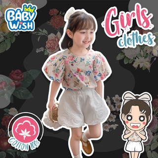 Baby Wish🌷 ชุดเดรสเจ้าหญิงลายดอกสไตร์เกาหลีสีฟ้าสําหรับเด็กผู้หญิง 100cm-140cm