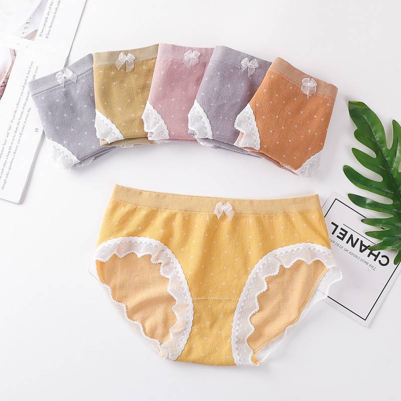 กางเกงในผู้หญิง เนื้อผ้าฝ้ายลายจุดขาว สีสันสดใสมาพร้อมโบว์และลูกไม้ ระบายอากาศได้ดี