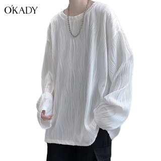 OKADY เสื้อยืดผ้าฝ้ายคอกลมแขนยาวผู้ชายหลวมสไตล์ภายใน