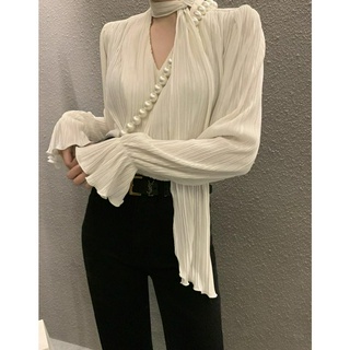 61386 เสื้อเชิ้ตแขนยาว แต่งจับจีบ สีพื้น