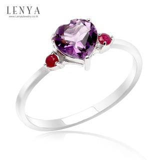 Lenya Jewelry แหวนเงินแท้ ประดับพลอยอเมทิสต์สีม่วง รูปหัวใจ และ ทับทิม เสริมบุคลิกความมั่นใจ เสริมความรัก เสริมให้มีสติ