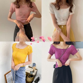 🎀*พร้อมส่ง*🌟🎀เสื้อถักไหมพรมครอป แบบปิดไหล่แต่งกระดุมหน้า.🍑🍑#10