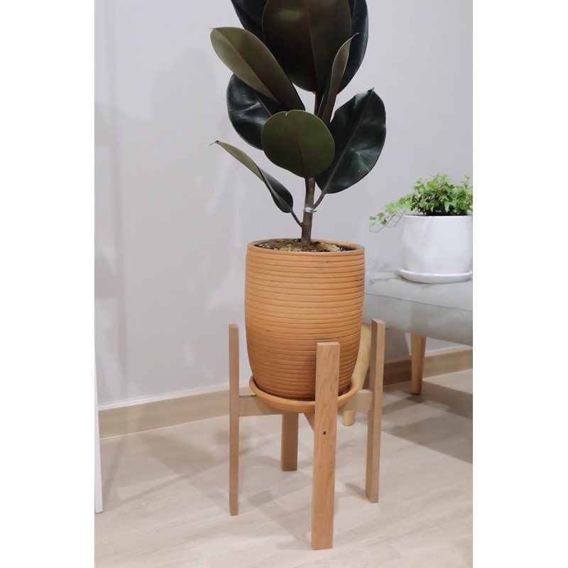 กระถางดินเผา 10 นิ้ว ทรงสูงลายขวาง พร้อมจานรอง