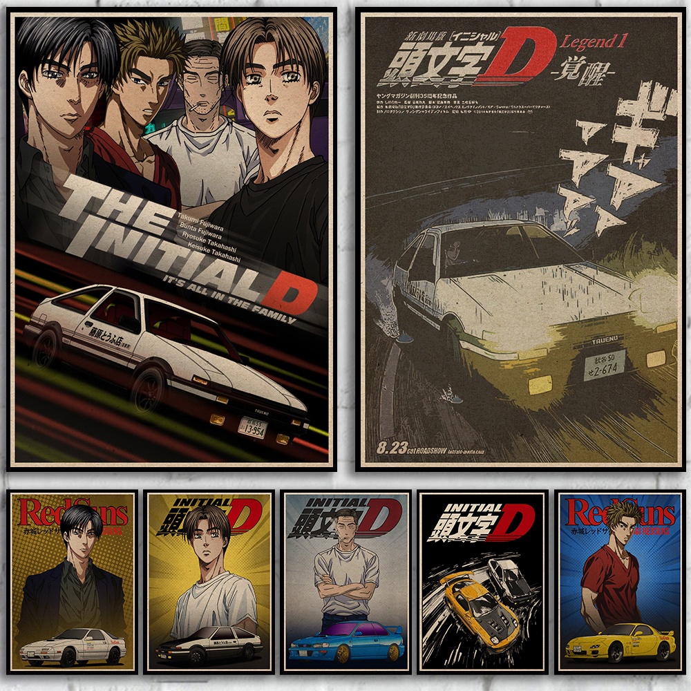 โปสเตอร์กระดาษคราฟท์ ลายแอนิเมชั่น Initial D คุณภาพสูง สไตล์ญี่ปุ่นเรโทร สําหรับตกแต่งห้องนั่งเล่น บาร์