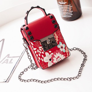 พร้อมส่ง @ กระเป๋าสะพายข้างใส่มือถือ Women PU Leather Mini Floral Printed Chain Bag Shoulder Crossbody Bag