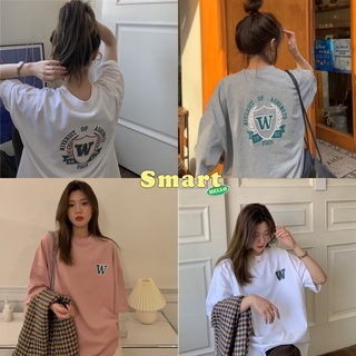 Smart เสื้อยืดเกาหลี W ผ้าคอนตอน USKIE โอเวอร์ไซส์ งานสกีนหน้าหลังเนื้อนิ่ม ผ้าไม่ติดตัว ใส่สบาย W-5