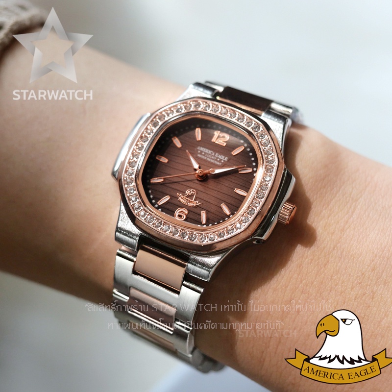 AMERICA EAGLE นาฬิกาข้อมือผู้หญิง สายสแตนเลส รุ่น AE8014Lเพชร – 2KPINKGOLD/BROWN