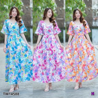 J14588 Maxi Dress เดรสยาว แขนกระดิ่ง ลายดอก