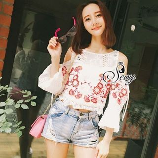 Sevy embroidered cut shoulder blouse