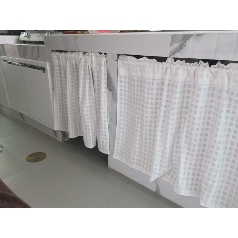ผ้าม่านเคาท์เตอร์ครัว ผ้าฝ้ายสีขาว ลายตาราง แบบสั้น ขนาด 110x60cm ใช้ปิดซิงค์ หรือใช้กับครึ่งหน้าต่างได้ TTS60 - รูปที่ 3