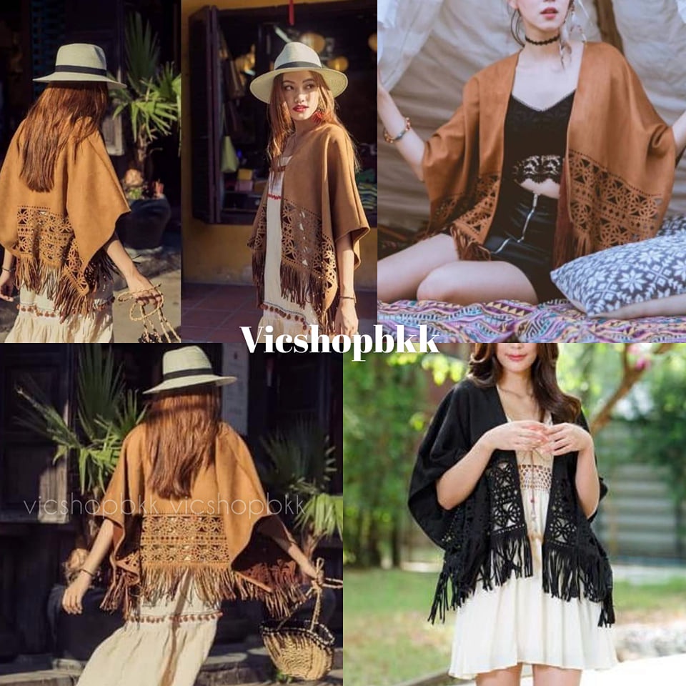 Bohemian Top : เสื้อคลุมโบฮีเมียนชนเผ่า เสื้อคลุมคาวบอย ผ้าหนังกลับฉลุลายทรงค้างคาว ชายพู่ (unisex)