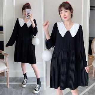 🔥S-3XL ชุดคลุมท้อง เดรสแขนยาว ใหม่ ปี  แฟชั่น แขนยาว กระโปรงพลีท สีดำ ใส่ได้ 150กก.