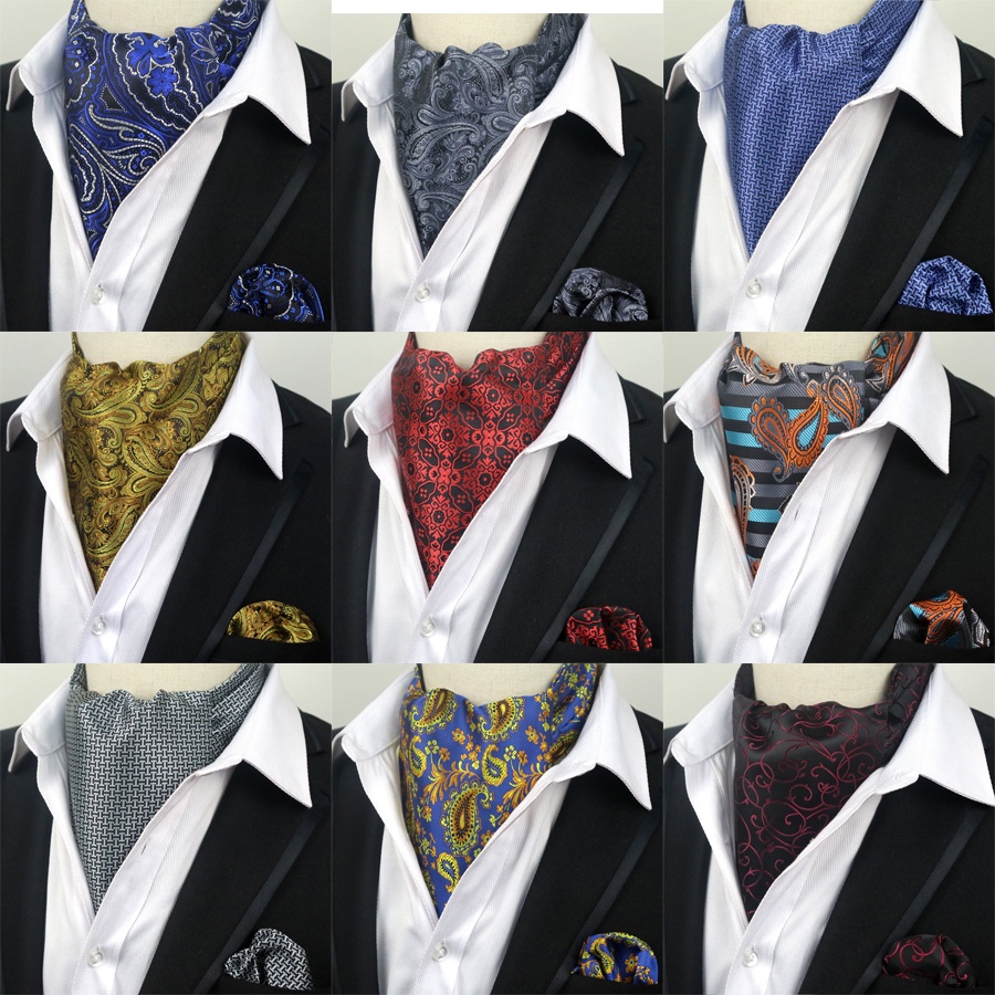 แฟชั่นผู้ชายผ้าไหม Ascot Cravat Tie & ผ้าเช็ดหน้าชุด Polka Dots กระเป๋า Square Tie ชุดสําหรับงานแต่งงาน