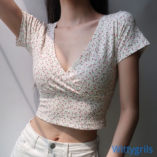 Wittygirls_Shop | เสื้อครอปแขนยาวคอวีลึกสําหรับผู้หญิง