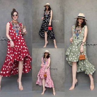 Polka dot Bohemian dress เดรสสไตล์โบฮีเมียน ลายจุดเก๋ๆ เดรสหน้าสั้นหลังยาว แพทเทิรนเริ่ด มีซับใน