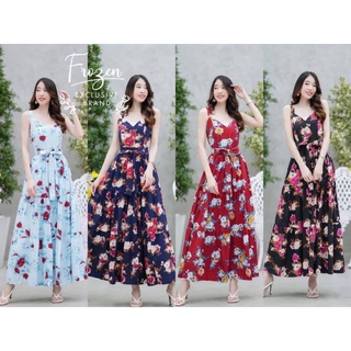 Maxi Dress แม็กซี่เดรสแขนกุด ผ้าไหมอิตาลีพิมพ์ลายดอกเอวสม็อคหลัง ข้างเอวมีสายผูก