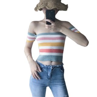 พร้อมส่ง ⚡ เสื้อครอปต่อแขนลายทาง