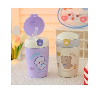แก้วเก็บอุณหภูมิร้อนเย็นเหมาะสำหรับพกพา 320ML แก้วน้ำลายหมี แก้วน้ำ BEAR ฝาป็อบอัพ พร้อมหลอด ขนาดมินิ น่ารัก แก้วน้ำ