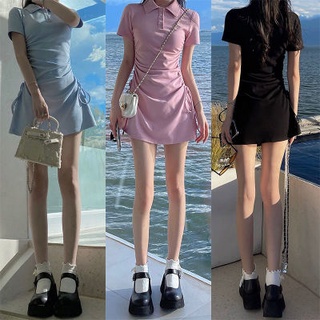 Slim Fit Dress Tape Drawstring เสื้อโปโลคอปกกระโปรงสั้น Slim Waist Skirt ชมพู/ฟ้า/ดำ