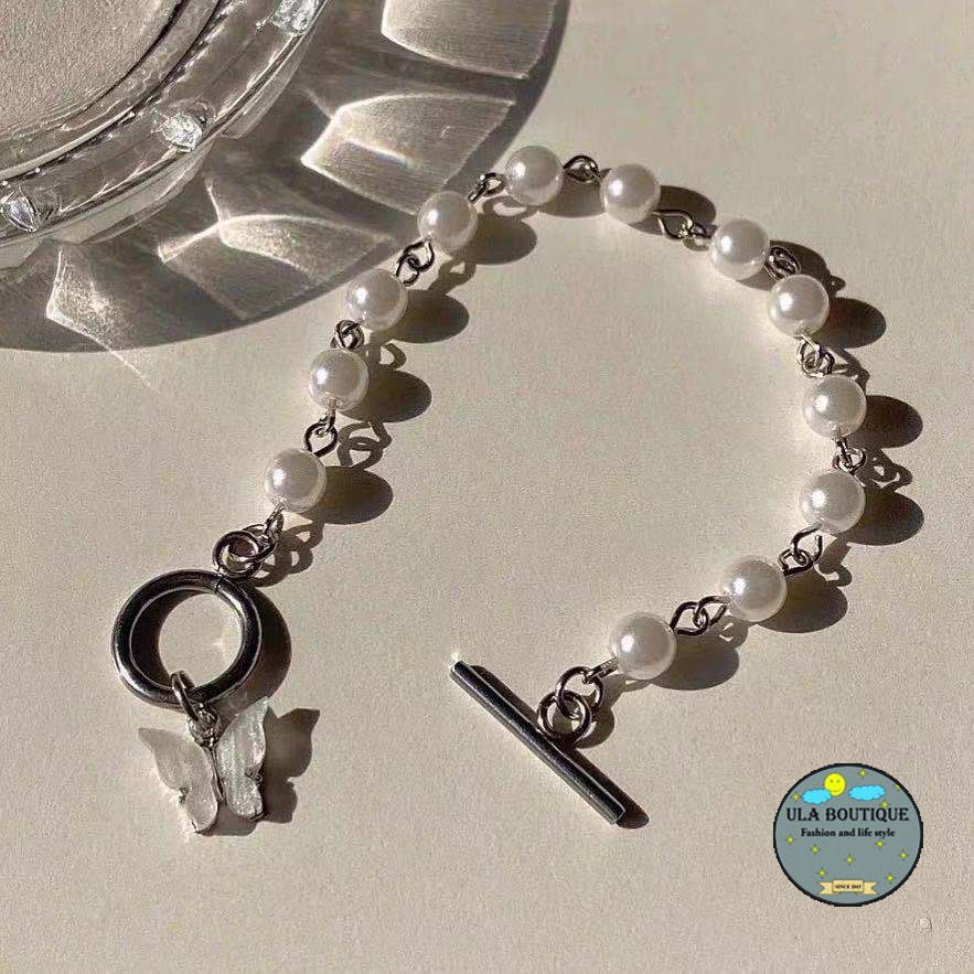 Ula Shop สร้อยคอมุกเทียม สร้อยข้อมือผู้หญิง รูปทรงผีเสื้อสีขาวเกาหลีน่ารัก VTC5