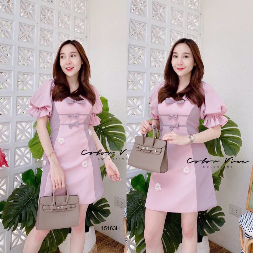 TW15163 เดรสแขนพองอกติดโบว์