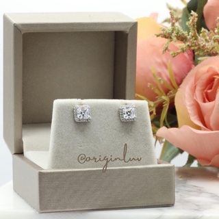 OriginLuv ต่างหูprincess cut 1 กะรัตล้อมเพชร ขนาดใส่ได้ทุกวัน