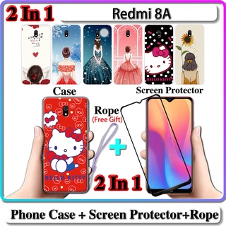 2 IN 1 เคส Redmi 8A พร้อมกระจกนิรภัยกันรอยหน้าจอโค้งเซรามิค สําหรับเด็กผู้หญิงและคิตตี้