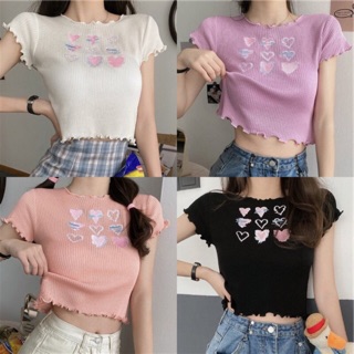 🍒เสื้อครอปแขนสั้น🍒✅✅สินค้าพร้อมส่ง เสื้อยืดไหมพรม แฟชั่นสไตล์เกาหลี #เสื้อยืดเอวลอย เอวสูง