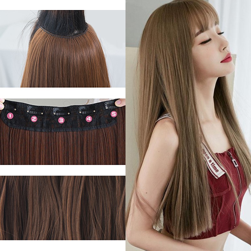 คลิปตรงยาวในชิ้นเดียวต่อผมสังเคราะห์ 5 คลิปผมสีบลอนด์ปลอมชิ้นผมสีน้ําตาลสีดําสําหรับผู้หญิง - รูปที่ 2