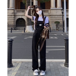 Many Jeans Overalls เอี๊ยมกางเกงยีนส์ขายาวเอวสูงสีดำพร้อมส่ง