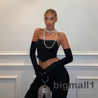 BIGMALL-Women Diamond-Studded Crop Tube Tops Fashion Solid Color Sexy Wrapped Chest Spring tops with Oversleeve