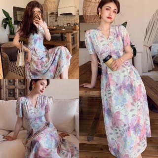 Maxidress เดรสลายดอกไม้ เดรสคอวี เดรสกระโปรง เดรสแขนตุ๊กตา งานป้าย