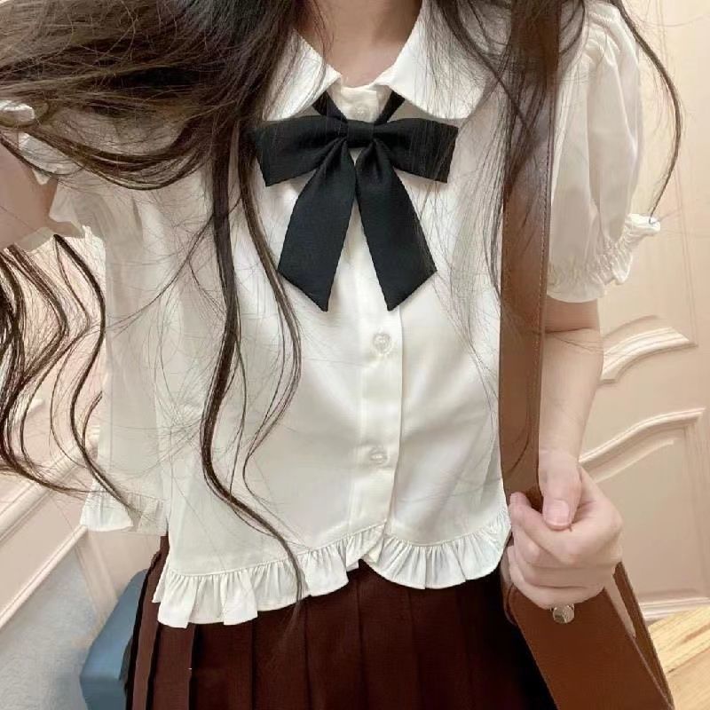 เสื้อแขนพัฟกุทัณฑ์สไตล์วิทยาลัยหวานฤดูร้อนของเด็กผู้หญิง