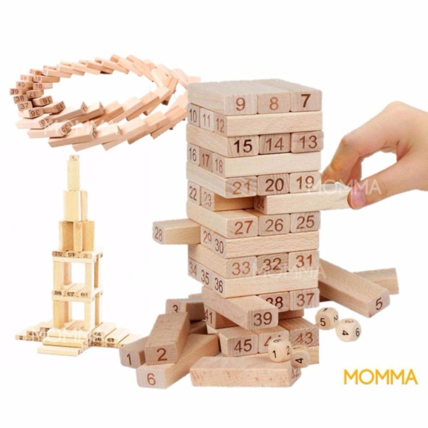 MOMMA 3 in 1 ของเล่นไม้ เกมส์ จังก้า ตึกถล่ม ตัวต่อมหาสนุก ล้มโดมิโน ( Folds High Jenga & Jigsaw & 