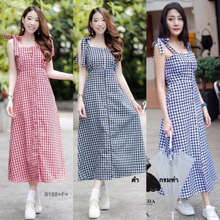 GN9188 **รบกวนสอบถามก่อนสั่งซื้อจ้า** Maxi Dress แม็กซี่เดรสผูกไหล่ลายสก็อต