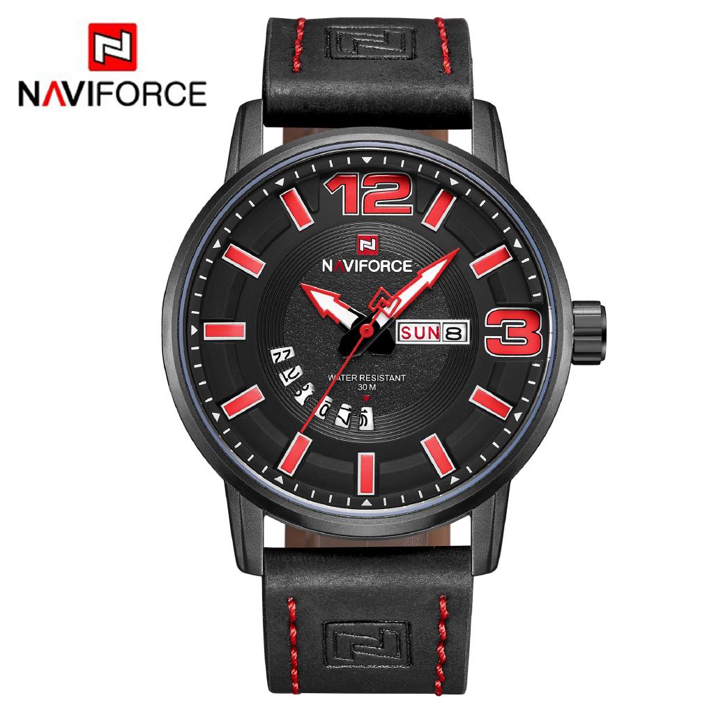 NAVIFORCE นักเรียนกีฬานาฬิกาผู้ชายมัลติฟังก์ชั่นาฬิกาสายหนังกันน้ำ