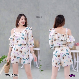 TW15584  Set 2 ชิ้น เสื้อลายดอกระบายเฉียงเปิดไหล่ + กางเกงขาสั้นเอวยางยืดหลัง มีกระเป๋าข้าง มีซัปใน งานผ้าไหมญี่ปุ่น