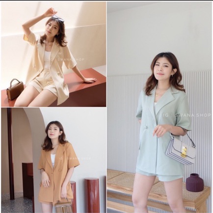 ชุดเซ็ต เสื้อสูท แบรนด์ swanashop มือ 1 ชุดเซ็ต 2 ชิ้น เสื้อสูทแขนสั้น กางเกง สีเขียวมินท์