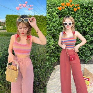 Set2pcs. สายเดี่ยวสีรุ้ง ผ้าไหมพรมถัก  +กางเกงขายาวบาน มีกระเป๋า เอวยืด งานสวย ทรงเป๊ะ