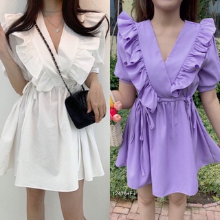 MM12476 เดรสสั้นคอวีไขว้ระบาย เอวผูกโฐว์สองข้าง V-neck ruffled short dress Two waist tie