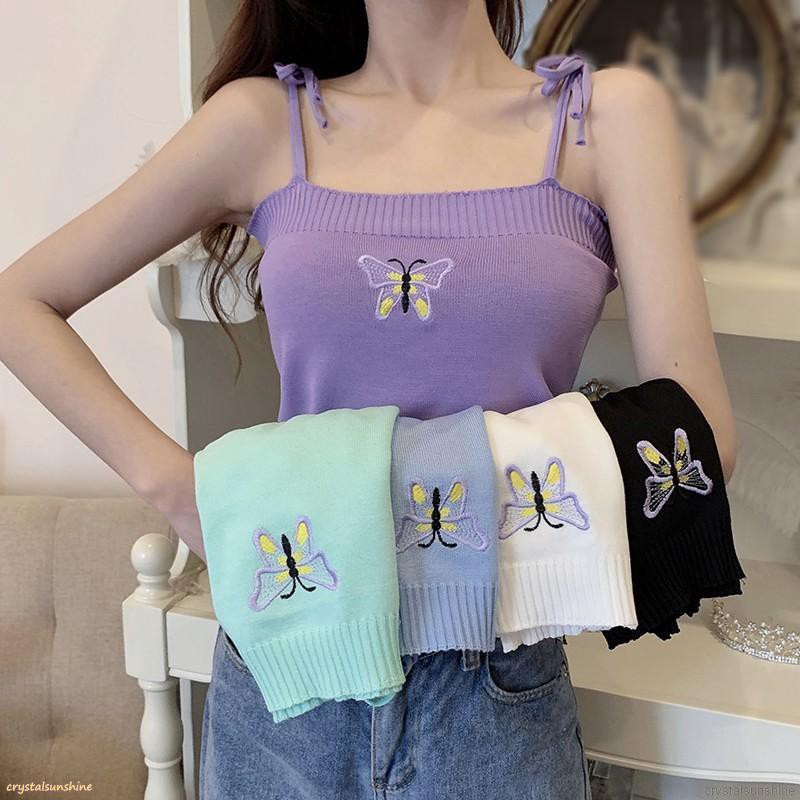 Women Causal Knitted Butterfly Embroidery Cami Tops Summer Beach Wear