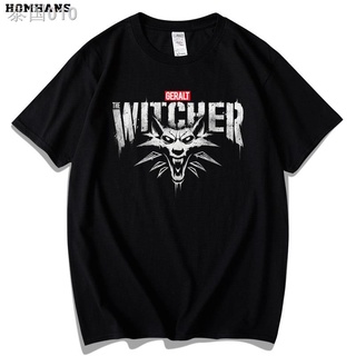 010สีแดงเกาหลี Witcher 3 Wild Hunt อุปกรณ์ต่อพ่วงเสื้อผ้าจี้หมาป่าสีขาวพิมพ์เสื้อยืด witcher Geralt ผ้าฝ้ายหลวมแขนสั้น