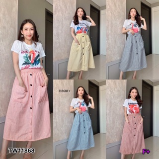 Set 2 ชิ้น เสื้อยืดแขนสั้นสกรีนนก + กระโปรงยาวลายสก็อต NI11868