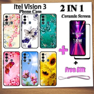 2 IN 1 Itel Vision 3 เคสโทรศัพท์ พร้อมกระจกนิรภัยกันรอยหน้าจอ เซรามิค ฟิล์มโค้ง ผีเสื้อ