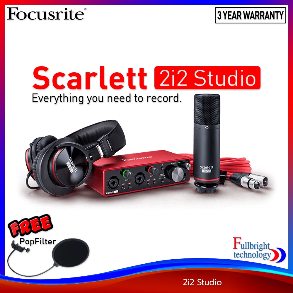Focusrite Scarlett2i2 Studio Pack(Gen3) อุปกรณ์ออดิโออินเตอร์เฟส ประกันศูนย์ 3 ปี แถมฟรี! Pop Filter