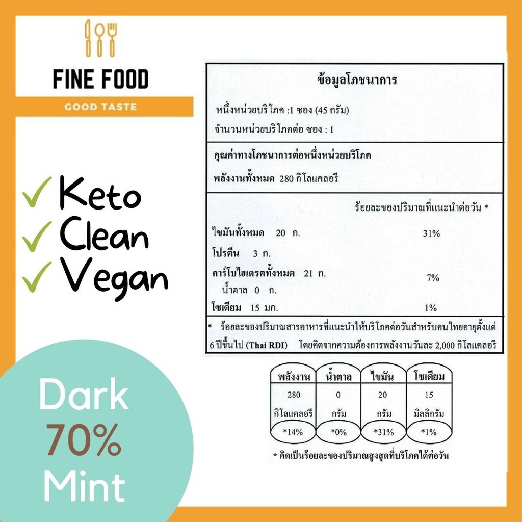 Dark Chocolate70% Mint Flavor 45g.(ดาร์กช็อคโกแลตแท้ 70%) ผสมมินท์ 45ก.) คีโต(Keto) No sugar (ไร้น้ำตาล) วีแกน(Vegan) เจ - รูปที่ 2